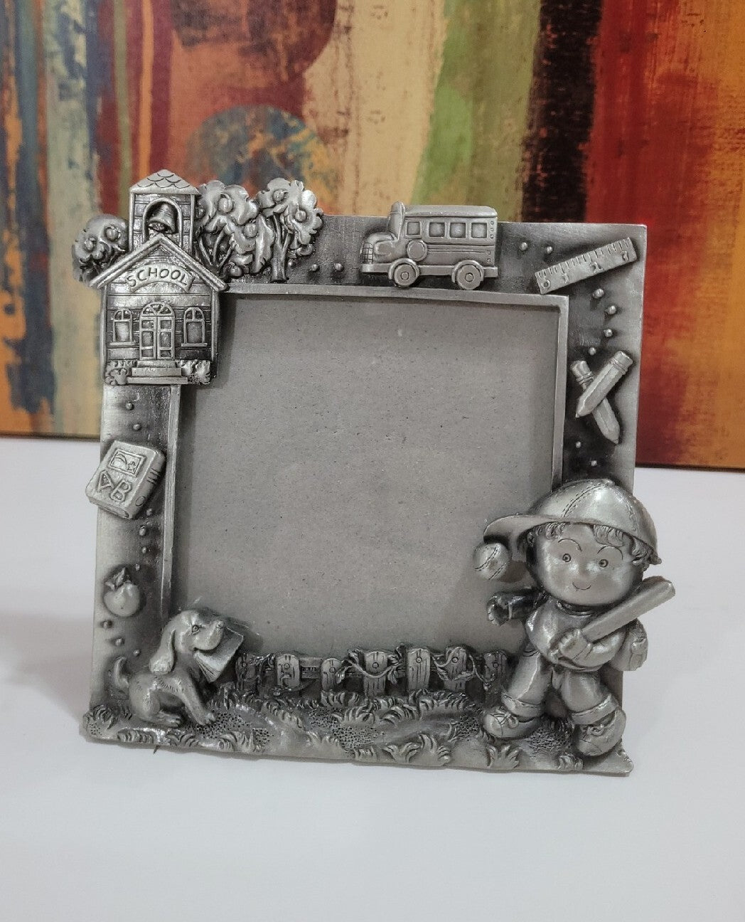 New PEWTER METAL Back To School 4 X 4 Photo Picture Frame Books Kids Block Toys