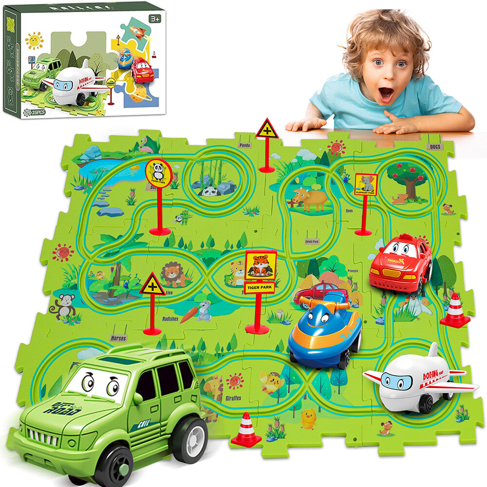 25PCS Puzzle Racer Kids Car Track Set Land Series Jigsaw Puzzle Racer Car Track