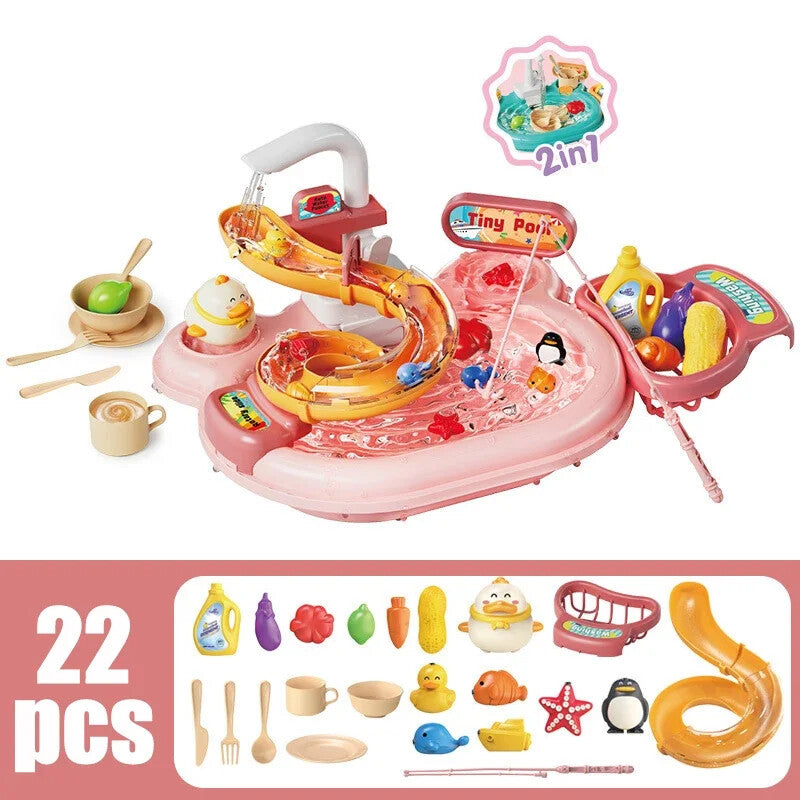 Children Puzzle Play Toys Dishwashing Basin Kitchen  Toys 2-in-1 Slide Fishing