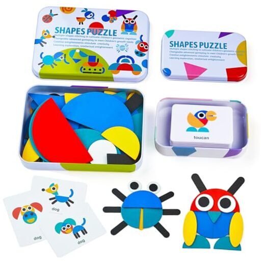  Open Ended Wooden Shape Puzzles (36 Blocks&60 Cards) for toddlers 3+ Years 