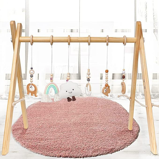 Golener Baby Play Gym Wooden Baby Gym with 6 Infant Activity Toys Foldable NEW