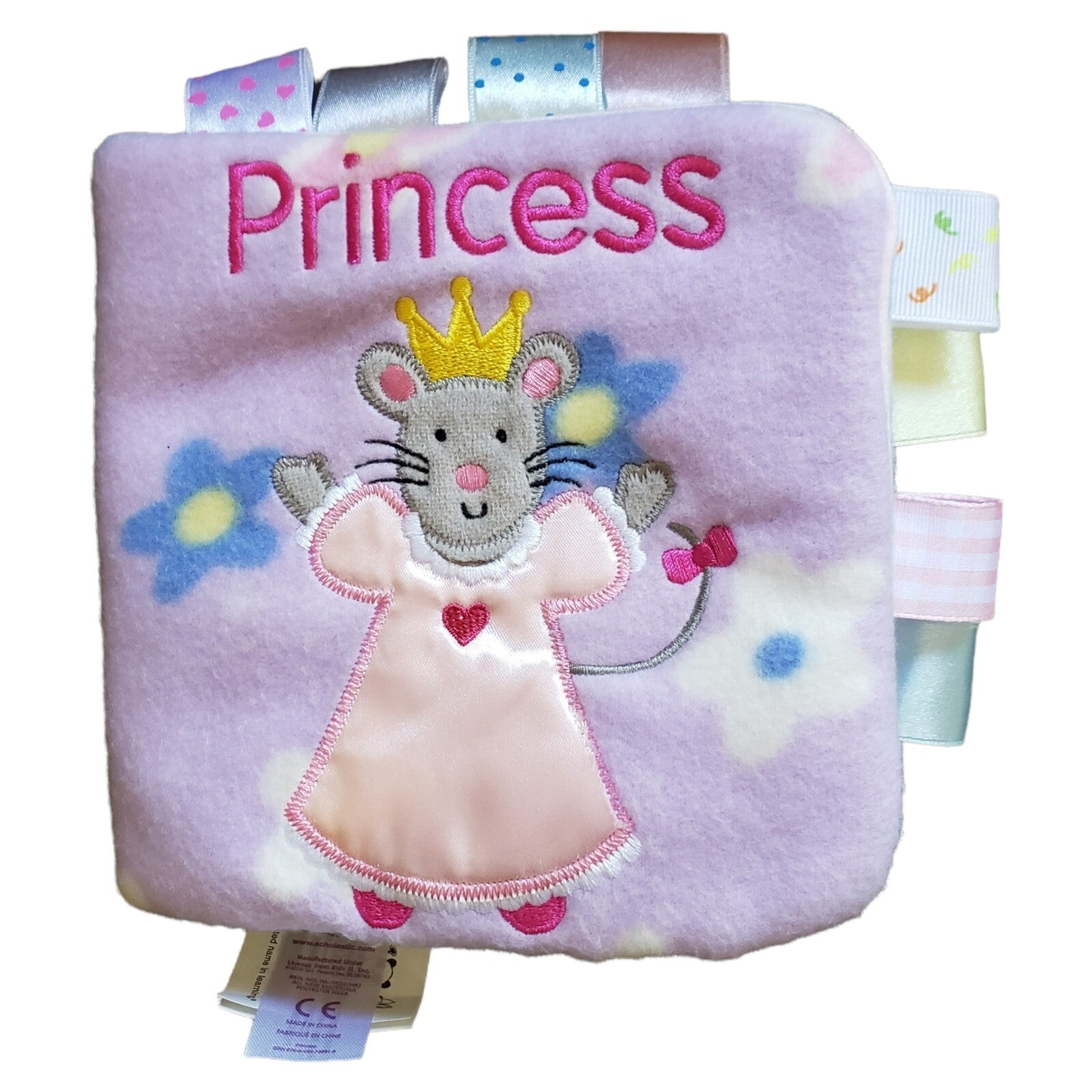 Fleece Plush Cloth Taggies Soft Sensory Baby Book Purple Princess Flowers Floral