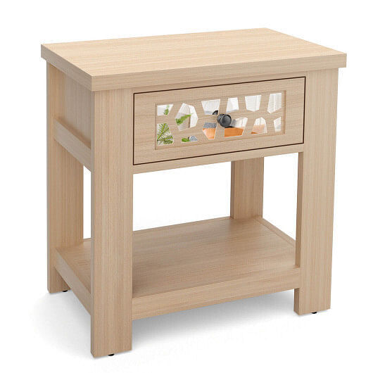 Wood Retro End Table with Mirrored Glass Drawer and Open Storage Shelf-Natural -