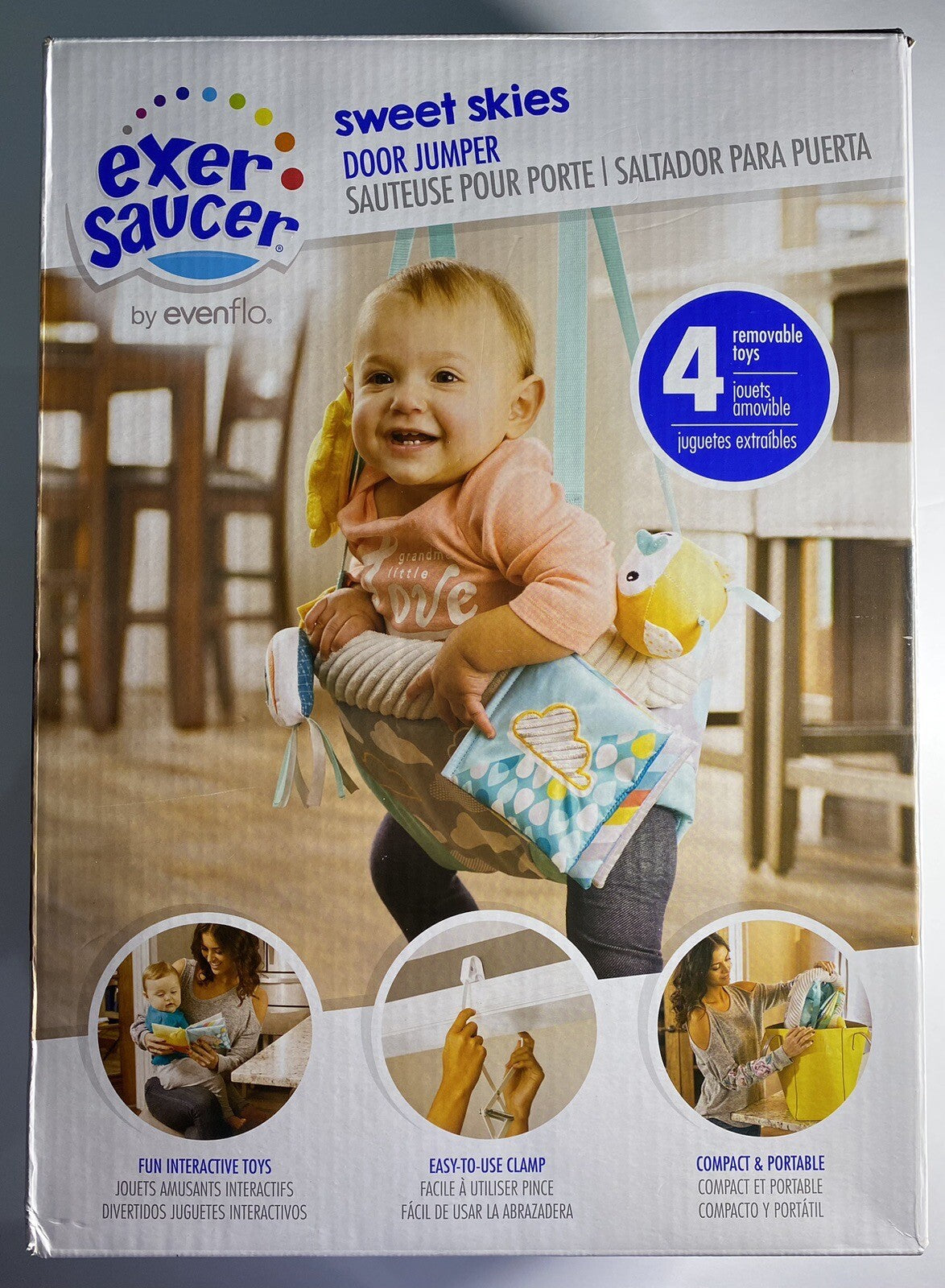 Evenflo Exer Saucer Sweet Skies Door Jumper, 4 Removable Toys, Brand New