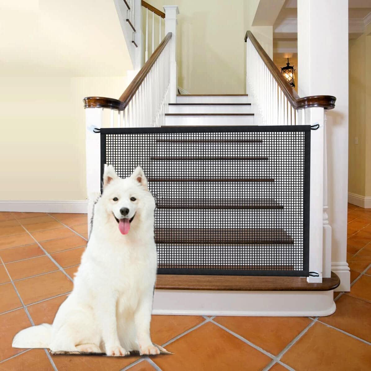 Baby Gate for Stairs No Drill - 43.3" W x 28.3" H Portable Retractable Mesh D...
