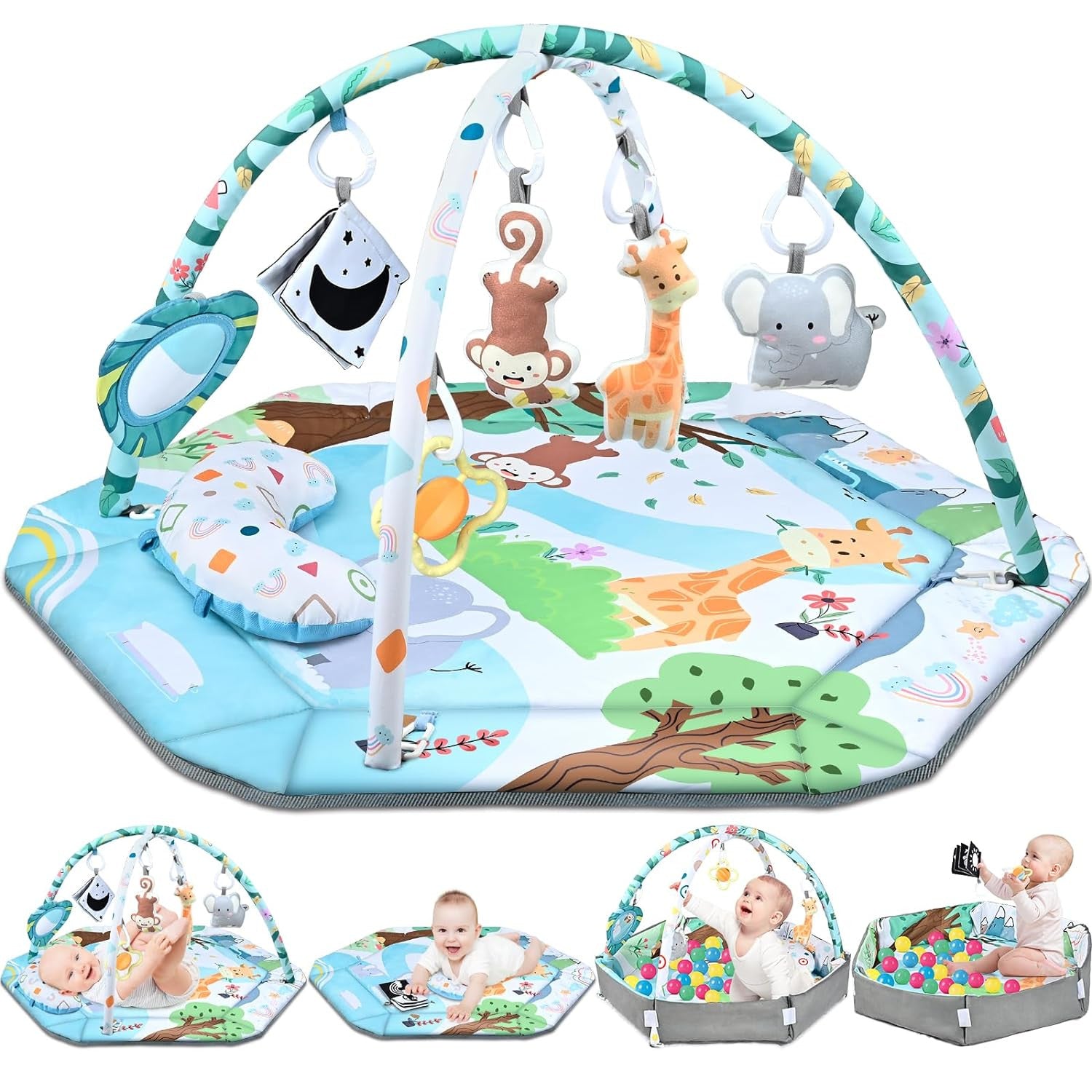 Baby Gym Play Mat 8-In-1 Tummy Time Mat Ball Pit 6 Toys Washable Baby Activity