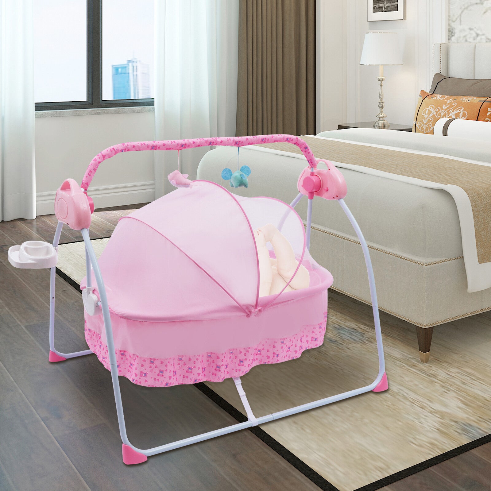 Portable Electric Baby Swing Cradle Bassinet Rocking Crib Infant Sleep Bed Pink