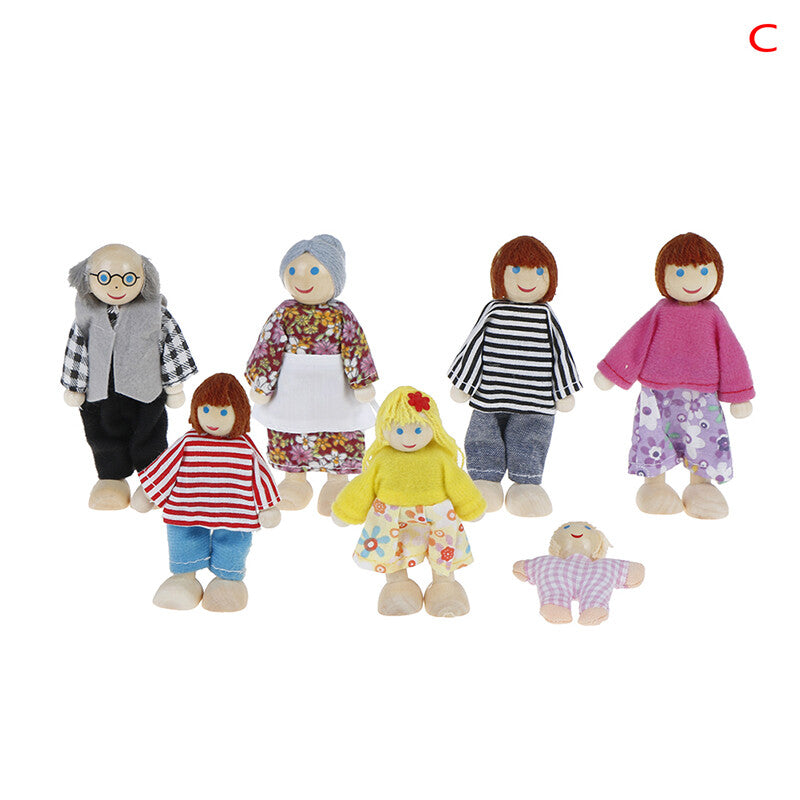 Dollhouse family dolls small wooden toy set figures dressed characters child S+_