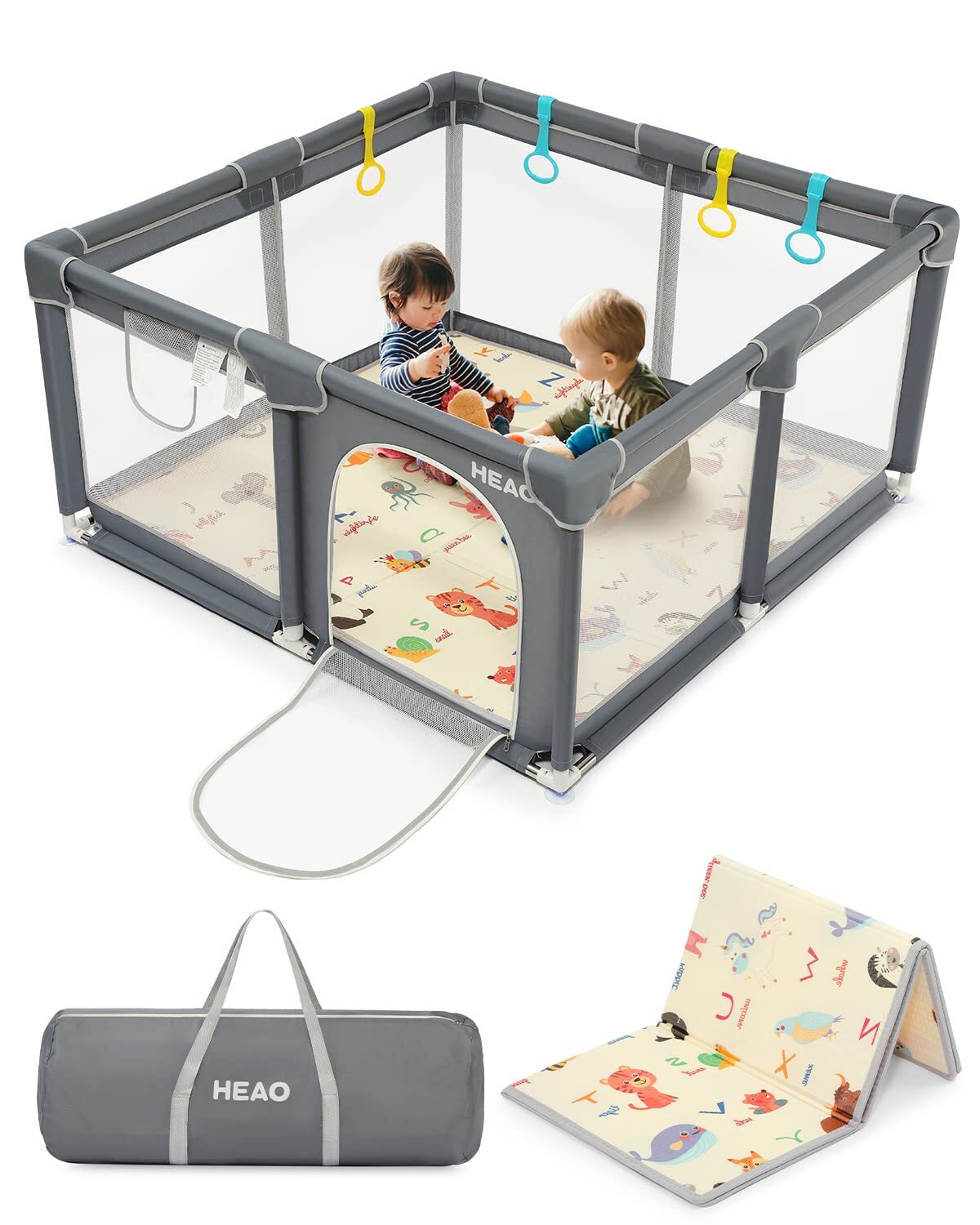 HEAO Baby Playpen with Floor Mat, Collapsible Play Yard 47"x47"x26" Gate Playpen
