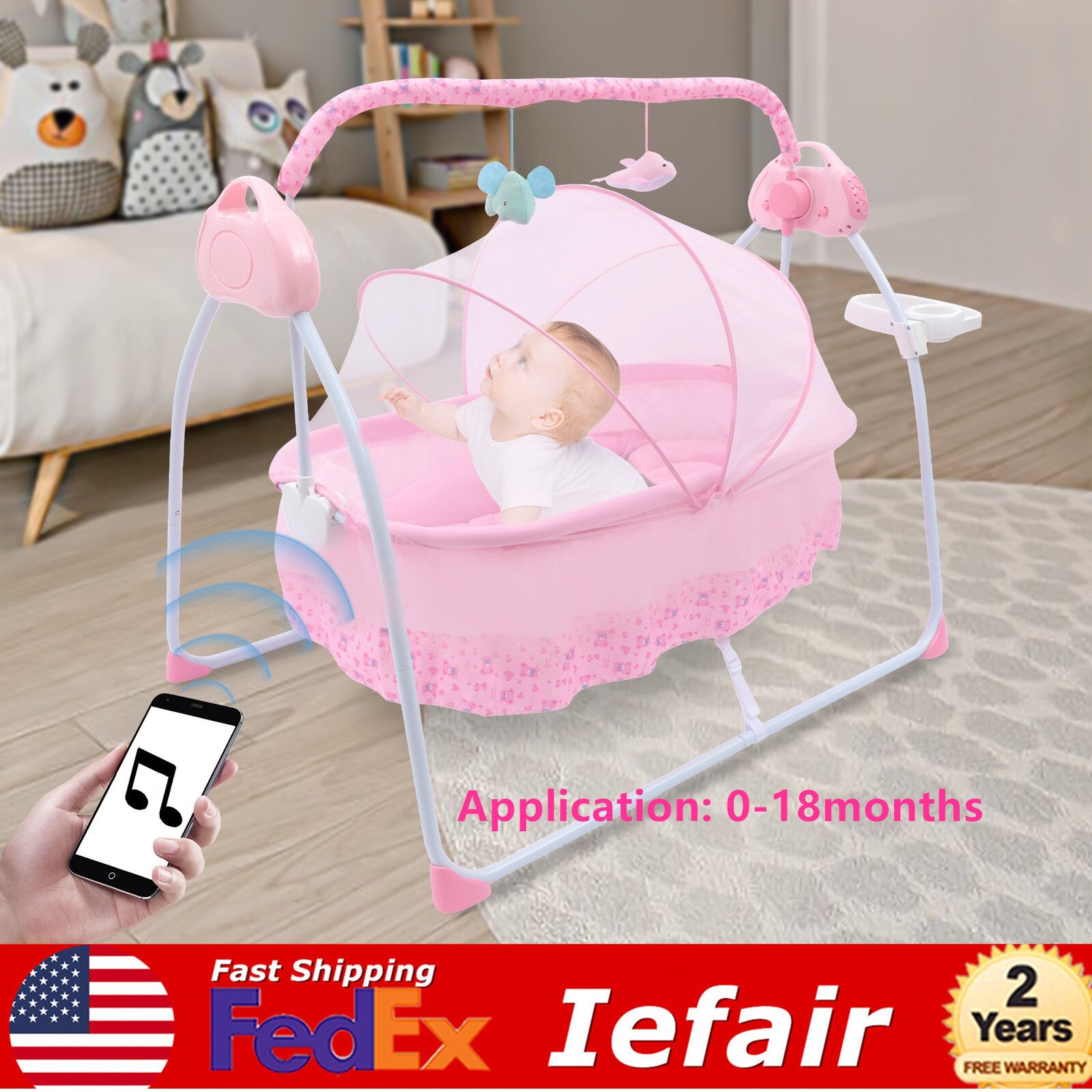 Electric Baby Swing Bouncer Kids Baby Crib Bassinet Cradle Infant Rocker Pink 