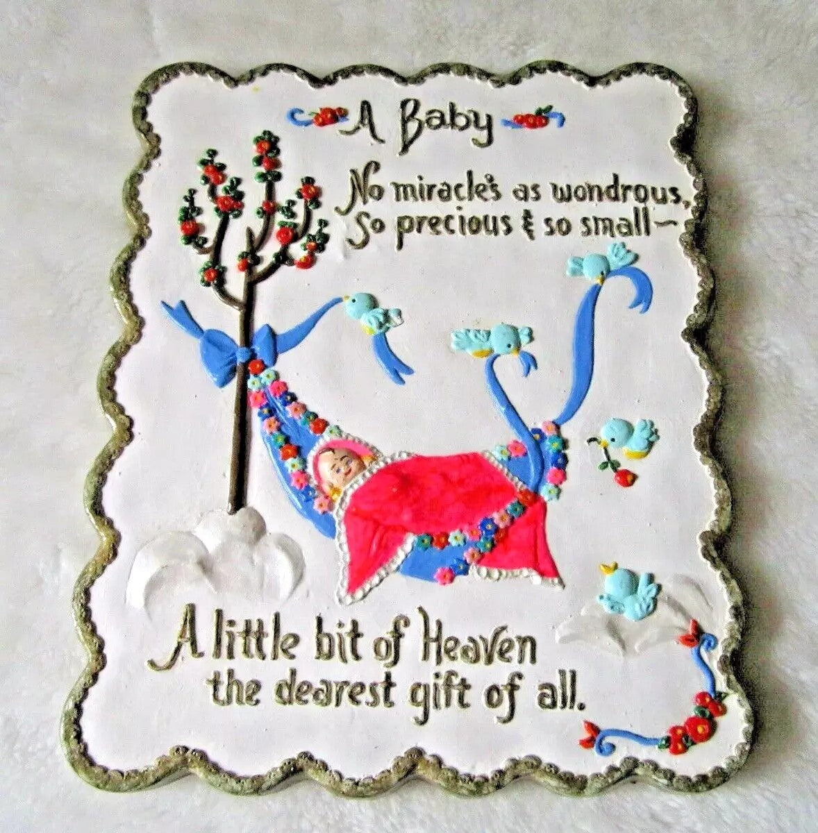  VINTAGE CHALKWARE BABY NURSERY WALL DECOR HAND PAINTED MID CENTURY BABY SHOWER 