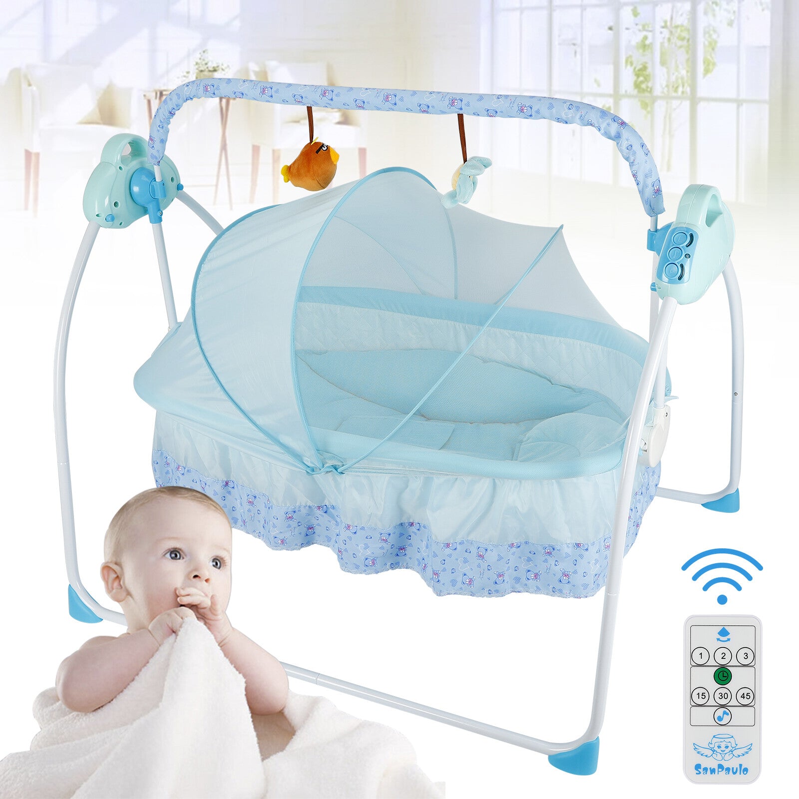 Bluetooth Electric Baby Crib Cradle Infant Rocker Auto-Swing Bed Baby Cradle+Mat