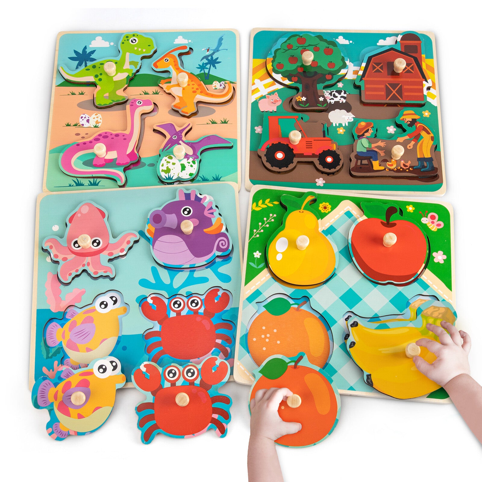 Wooden Peg Puzzles for Baby Toddlers Preschool Educational Board Lot of 4 US