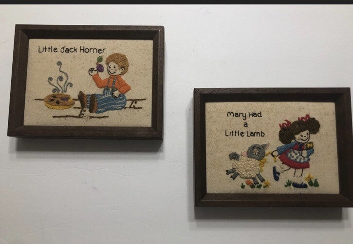 Nursery Rhymes Mary Lamb Jack Horner Framed Vintage Needlework Wall Decor
