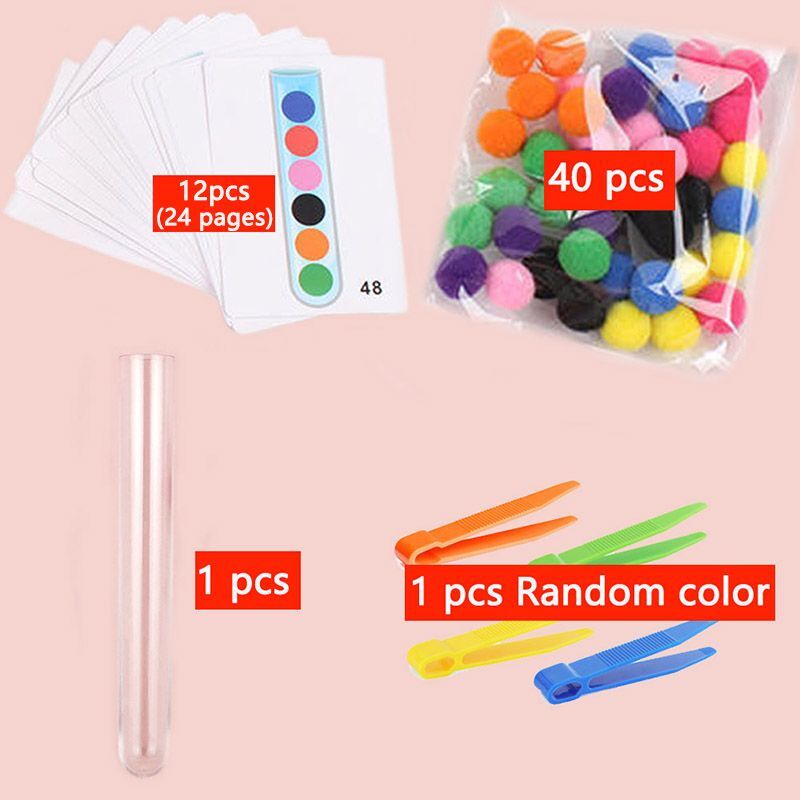 Fine Motor Sorting Set Educational Toy Test Tube Pompoms Tweezer Color Matching