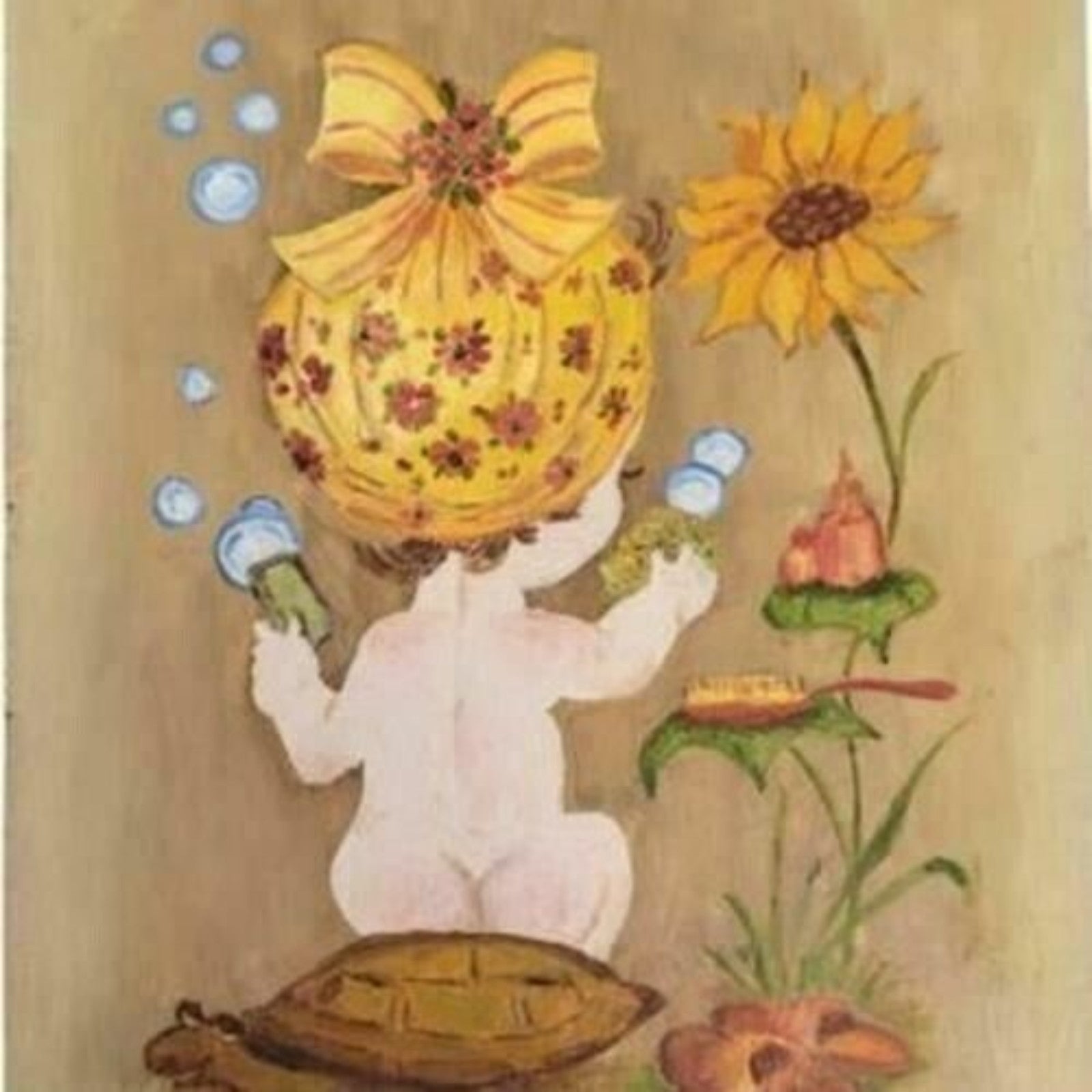 Baby Bath Time Painting Decor Acrylic Retro Bubbles Turtle Sunflower Vintage