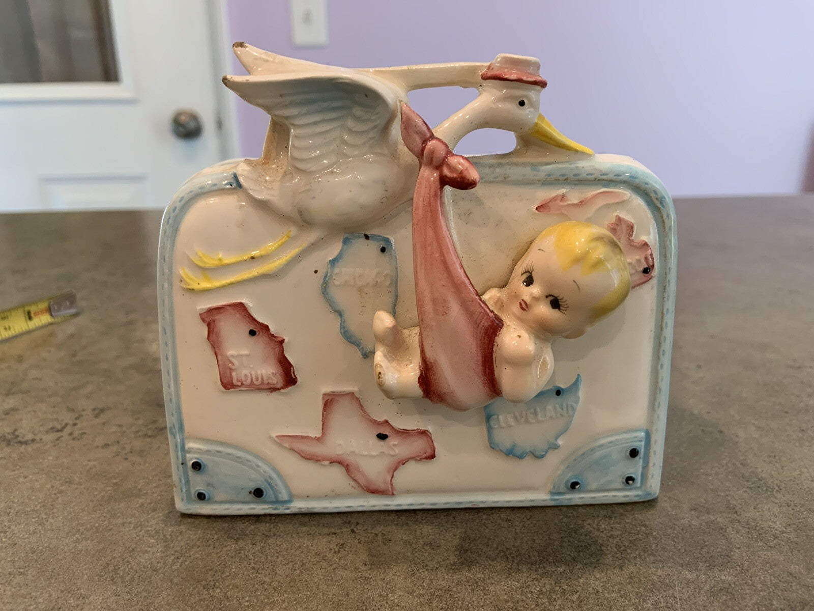 Vtg 1963 Japan BABY NURSERY PLANTER ~ STORK DELIVERING THE BABY ~ SO CUTE!