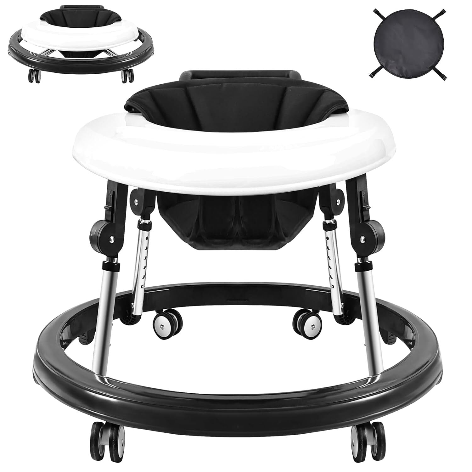 Foldable Baby Walker, Height Adjustable Infant Toddler Walker w Wheels Foot pad
