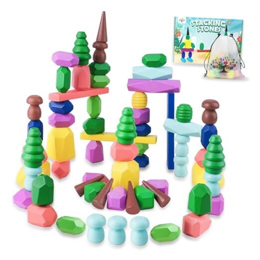 Toys for 3 Year Old Boys Girls, 36 PCS Colorful Wooden Sorting Stacking Rocks 