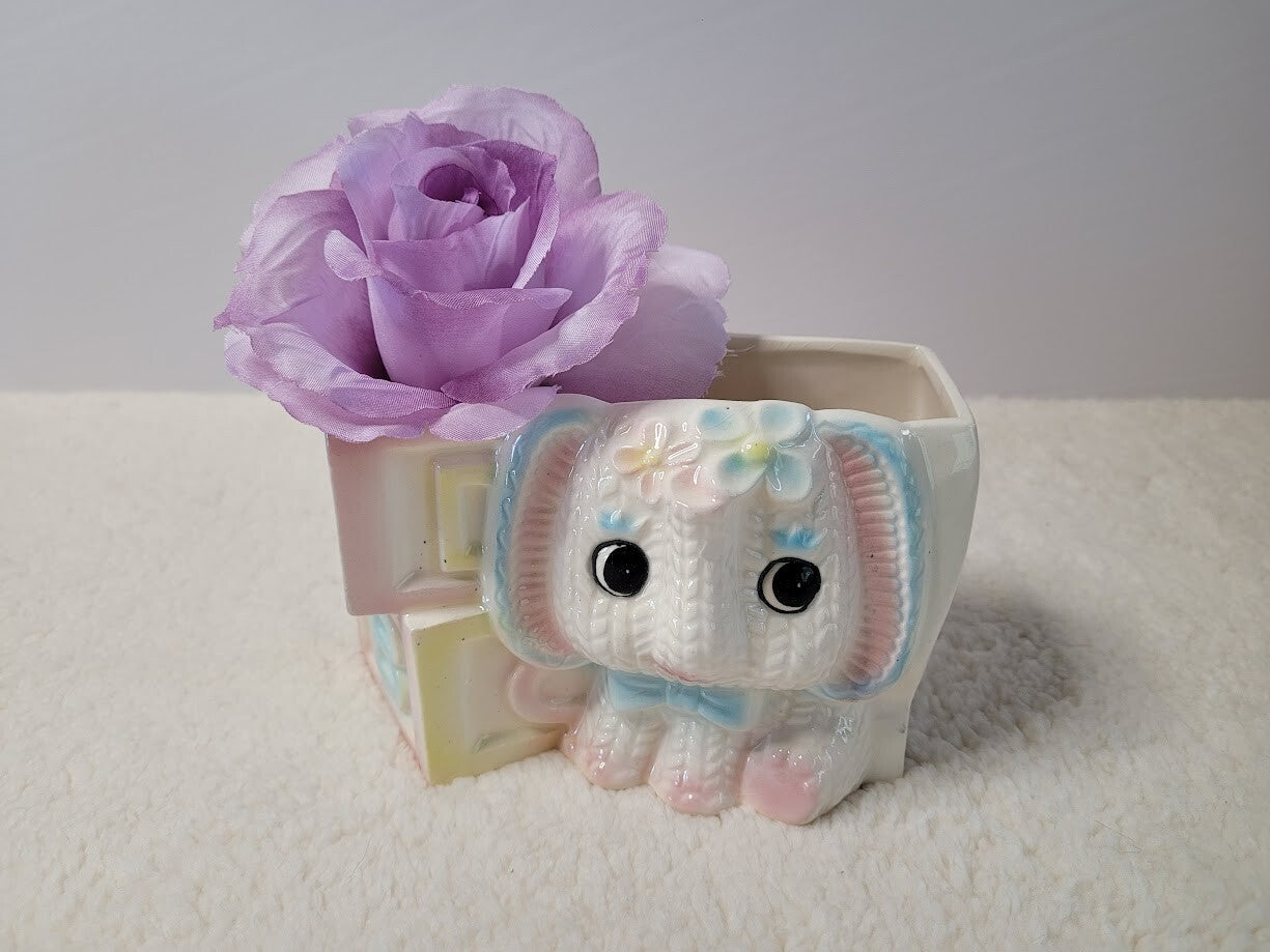 Vintage Ceramic Ceramex Del Norte Baby Elephant with Blocks Planter ~ Nursery