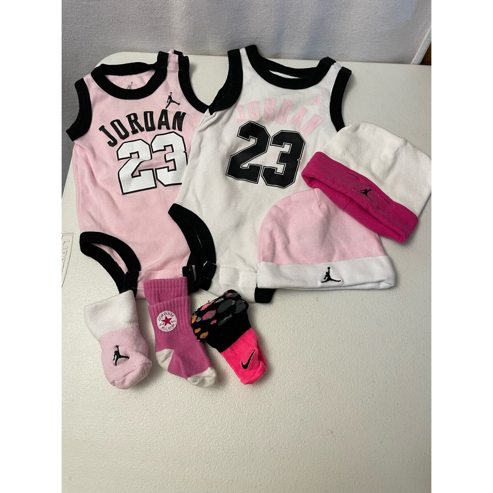 Baby Jordan 2 one piece outfit, 2 hats, 3 pairs socks 0-6 months 