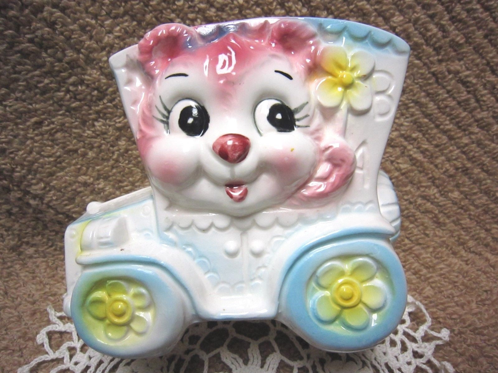 Collectible Vtg. Pink, Blue &  White Ceramic BABY  Planter/Vase JAPAN