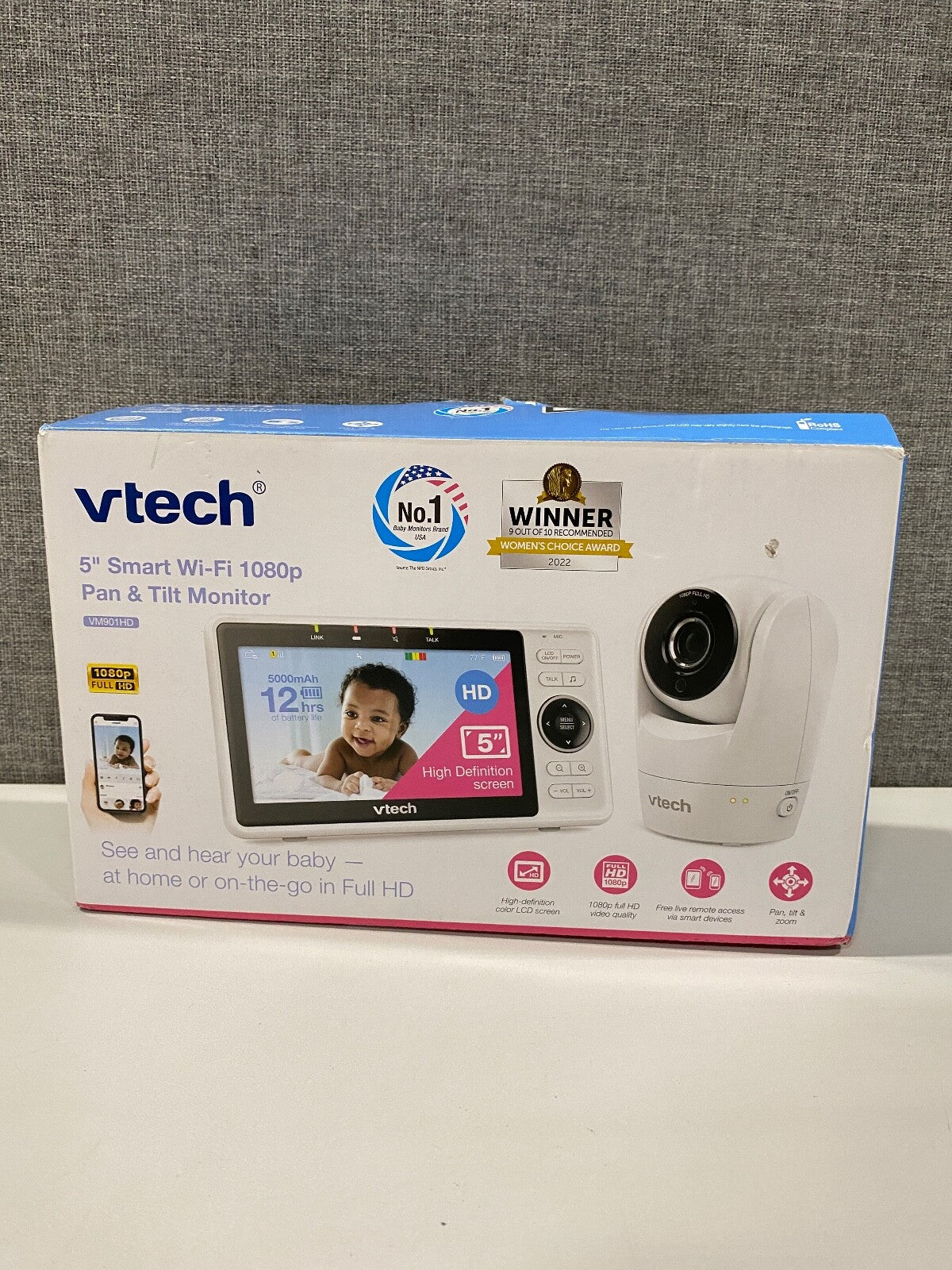 VTech VM901HD White 5 Smart WiFi 1080P Full HD Pan Tilt Baby Monitor