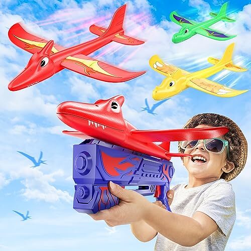 FRONTSUN 3 Pack Dinosaur Airplane Launcher Toys, 2 Flight Modes Kids Outdoor