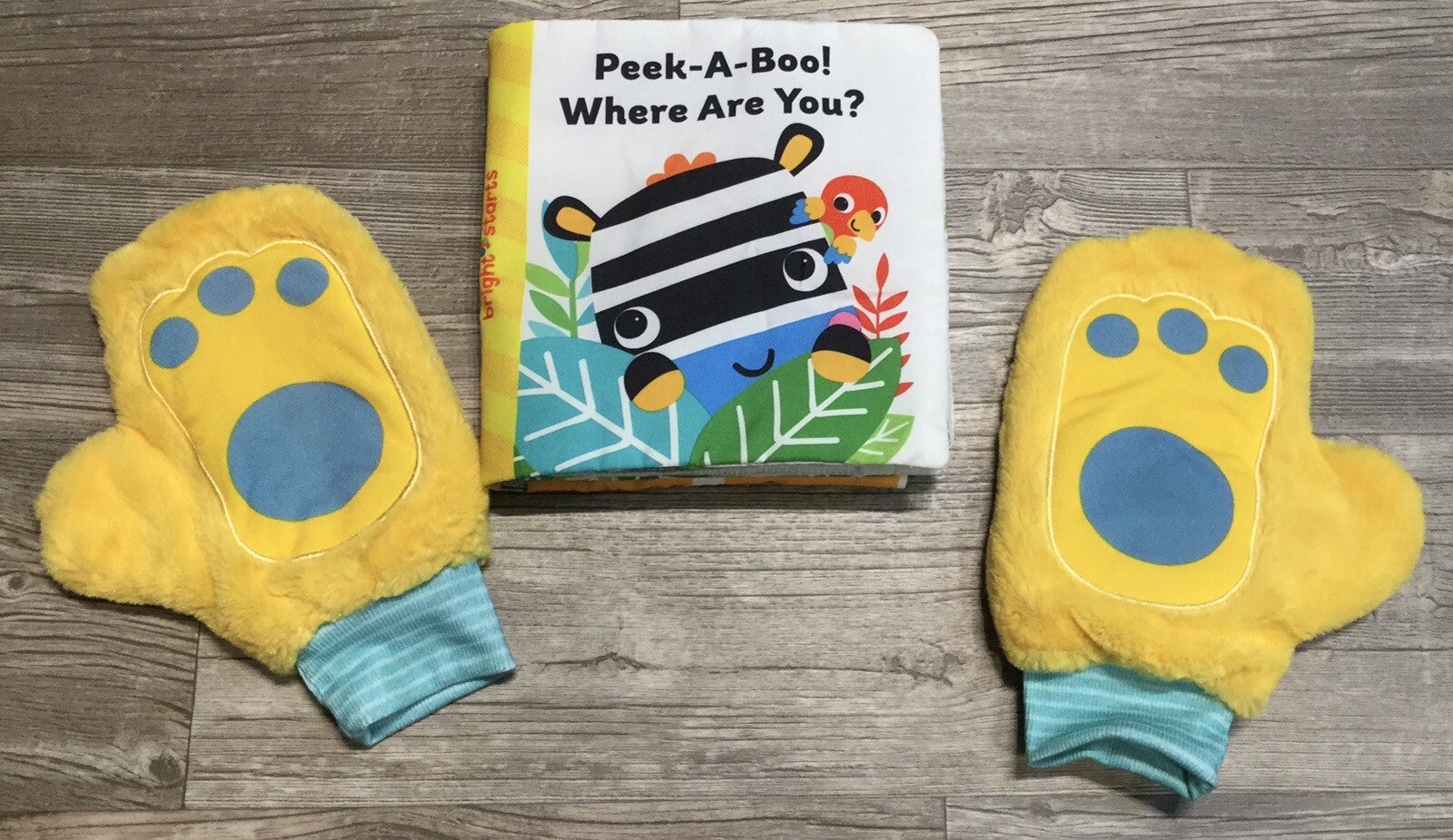Bright Starts Peek A Boo Where Are You Book And  Mittens Laughs Rattle EUC K2