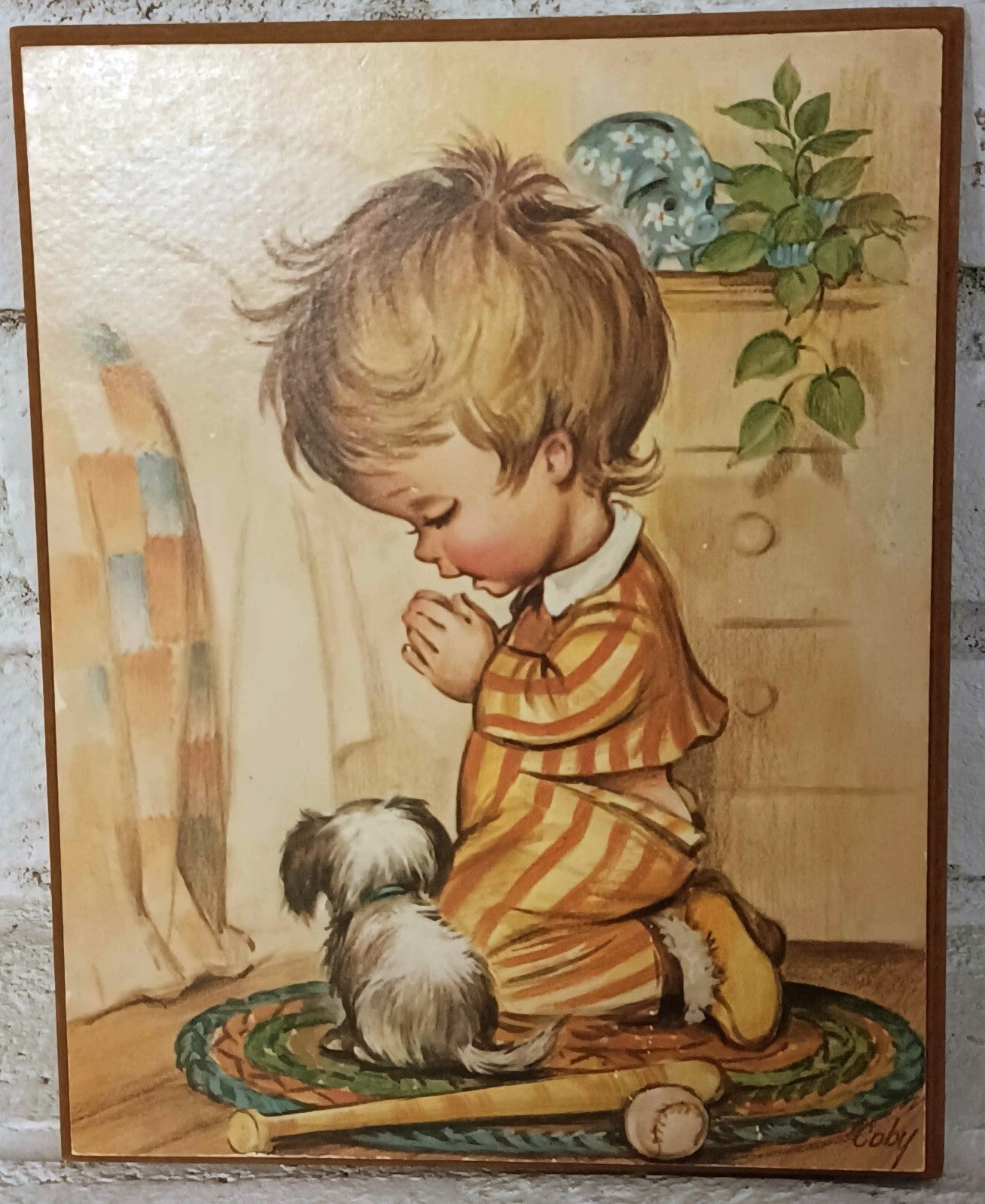Little Boy With Dog Praying Wall Plaque Vintage Wall Decor 7 7/8" X 10"