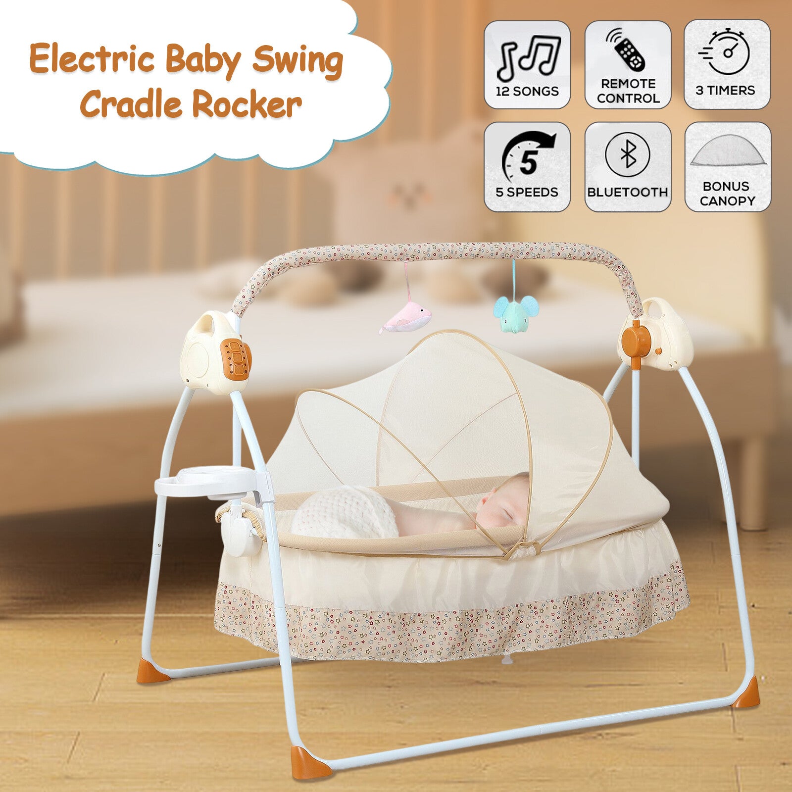 Portable Electric Baby Swing Cradle Chair Bassinet Rocking Crib Infant Bed MP3