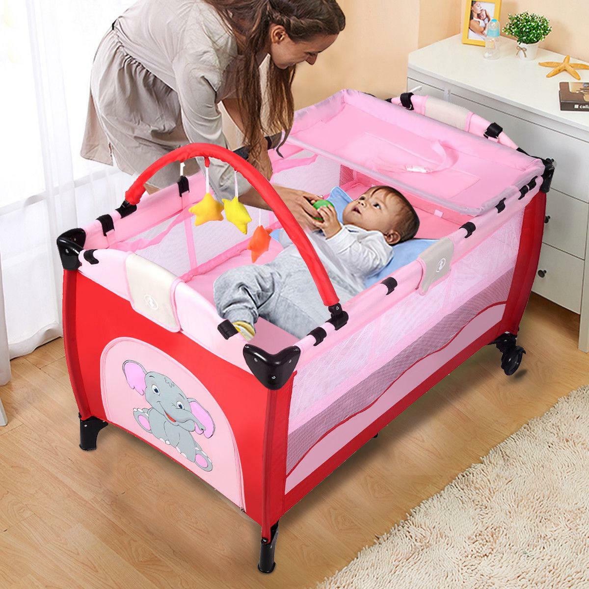 Girls Baby Crib Playpen Playard Pack Travel Infant Bassinet Foldable Bed Pink