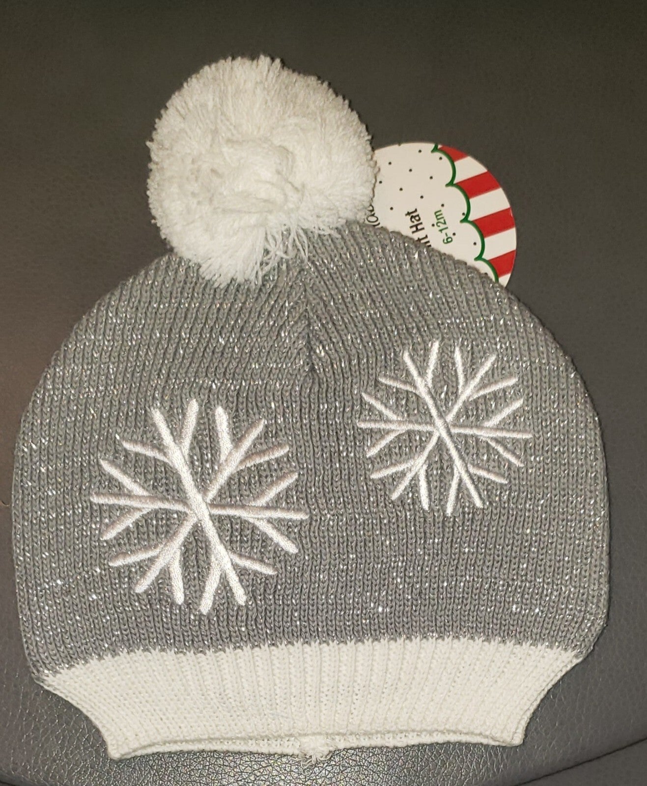 CHRISTMAS KNIT BEANIE HAT W/ TASSEL~NEW~SHIMMER SILVER & WHITE BABY INFANT 6-12M