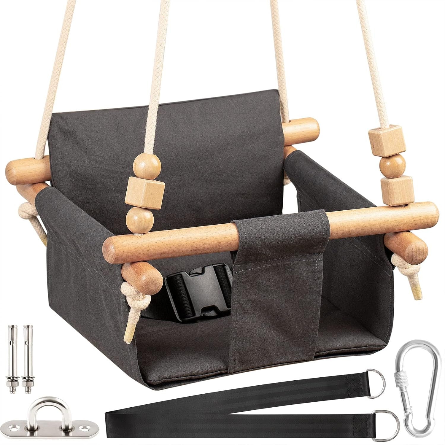 Baby Canvas Swing Seat with Belt, Wooden Hanging Chair Swing Seat Indoor 