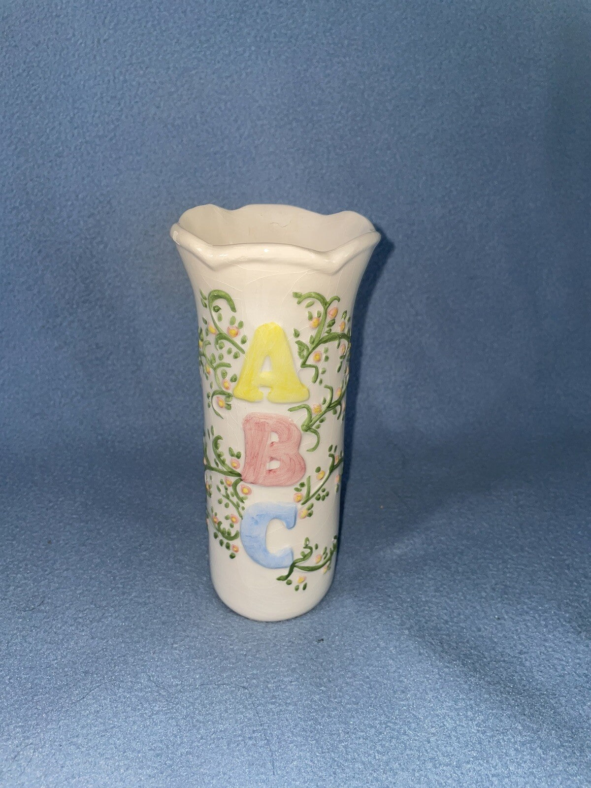 VTG LBK Signed Ceramic Vase Pastel ABC Letters Floral Nursery Baby Decor 6.5