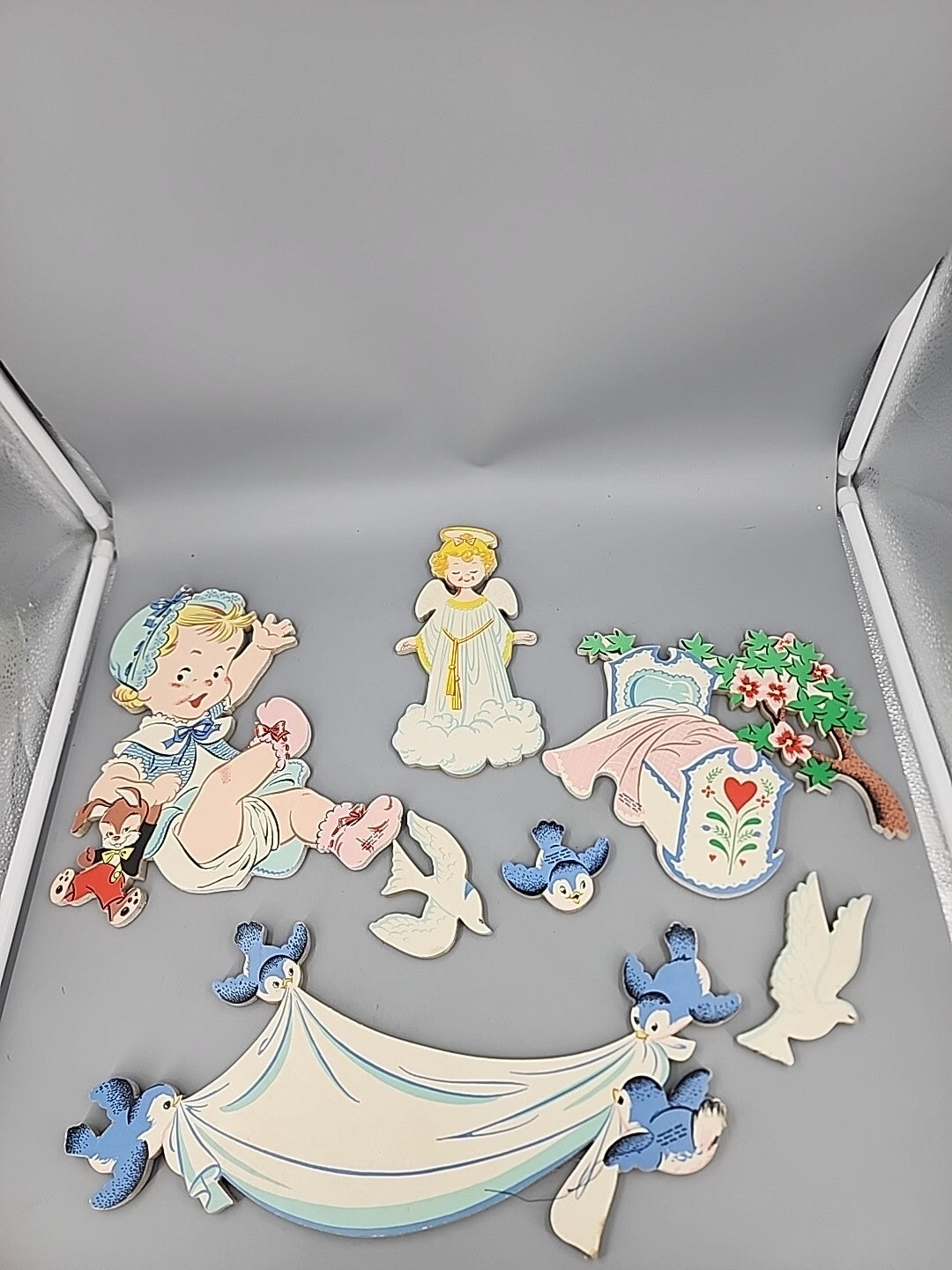 Vtg 1950s 7 piece Nursery Wall Decor Baby Angel Birds Baby Bed Dolly Toy Co
