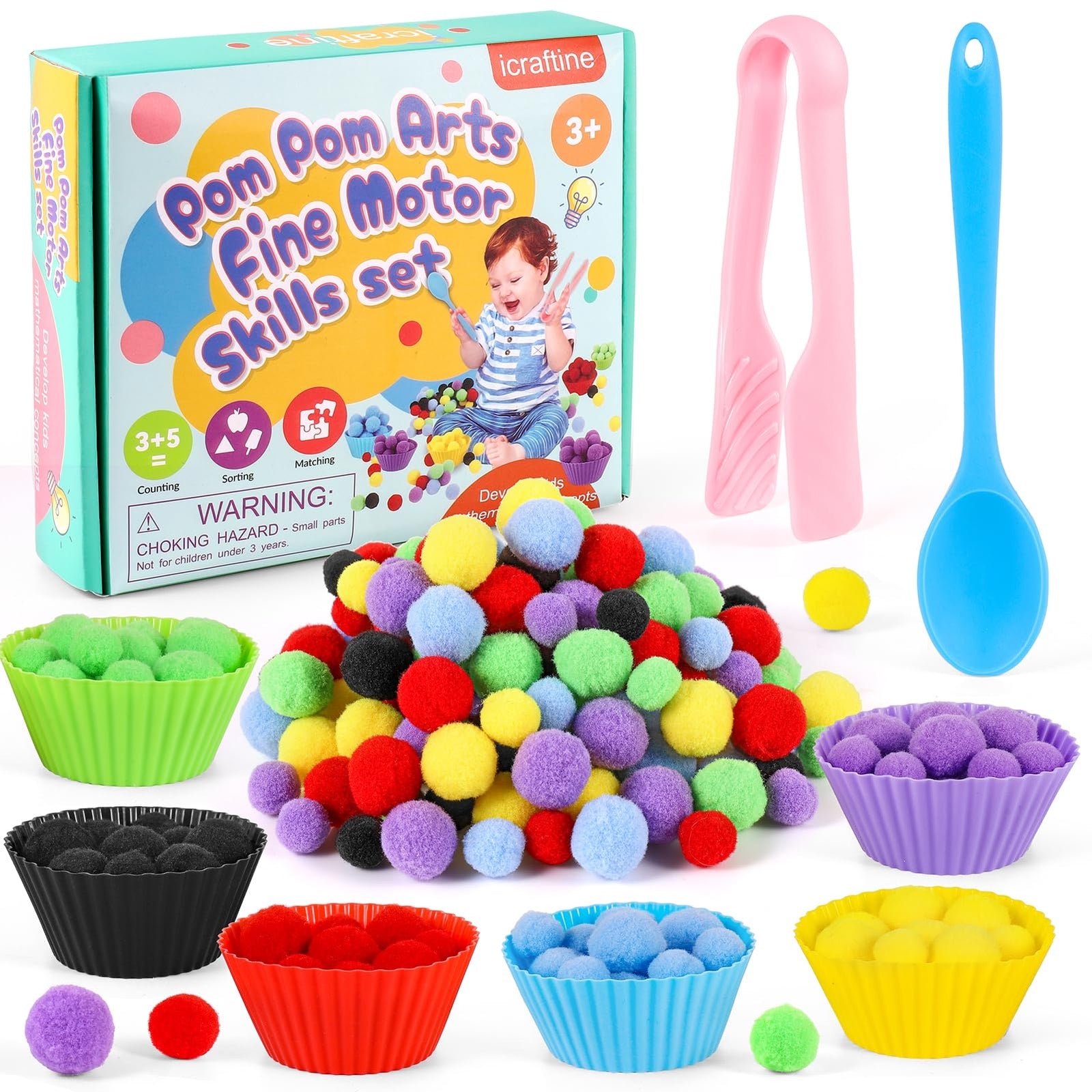iCraftine 158 PCS Fine Motor Skills Set - 150 Pom Poms 6 Sorting Bowls Tweeze...