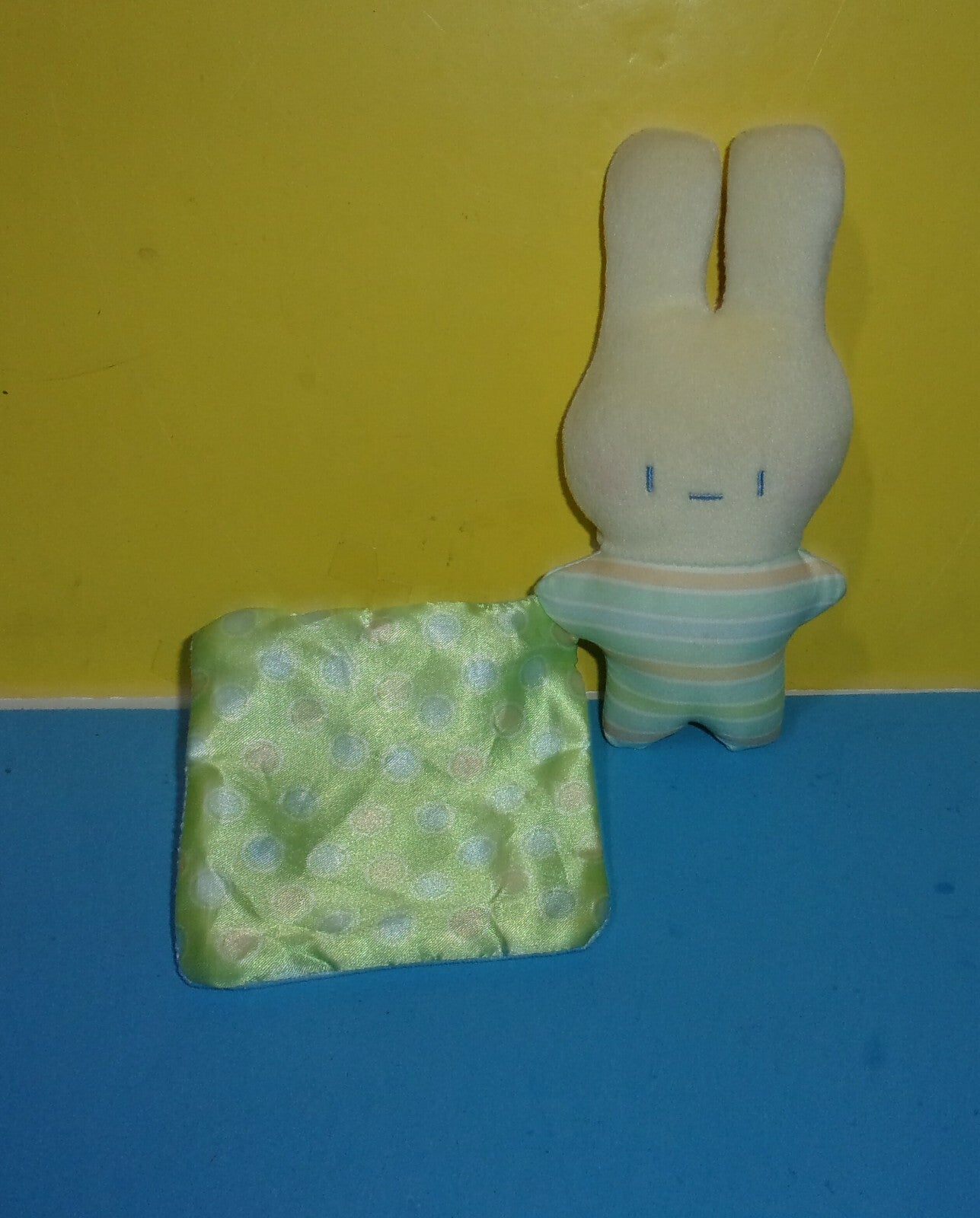 Fisher Price Baby 6.5" Infant Rattle Mini Blanket Plush Stitched Eyes Rabbit Toy