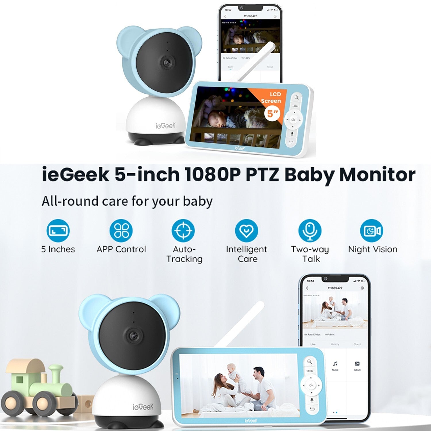 ieGeek 5'' WiFi Video Baby Monitor with Camera and Audio,2-Way Talk,360° PTZ