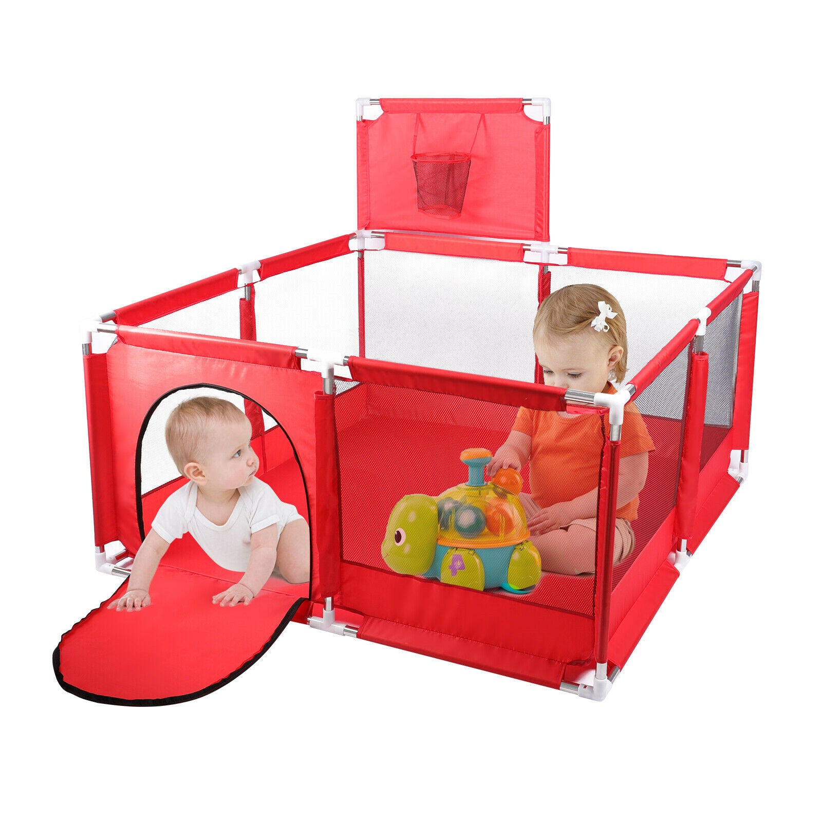 Foldable Baby Playpen Kids Safety Play Pen Yard Fence Tent + Basketball Hoop