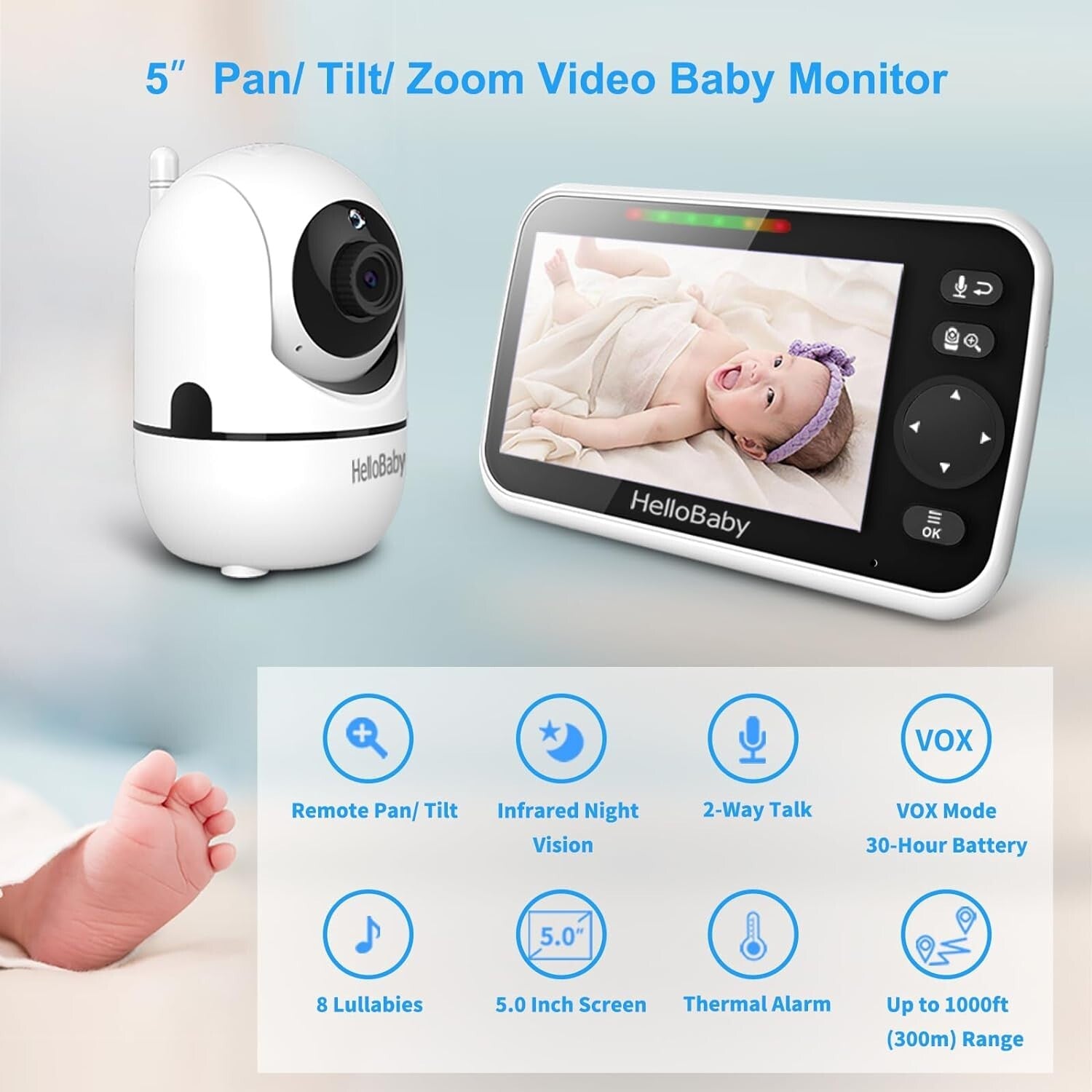 HelloBaby - 5 inch Baby Monitor with Remote HB65 - Black
