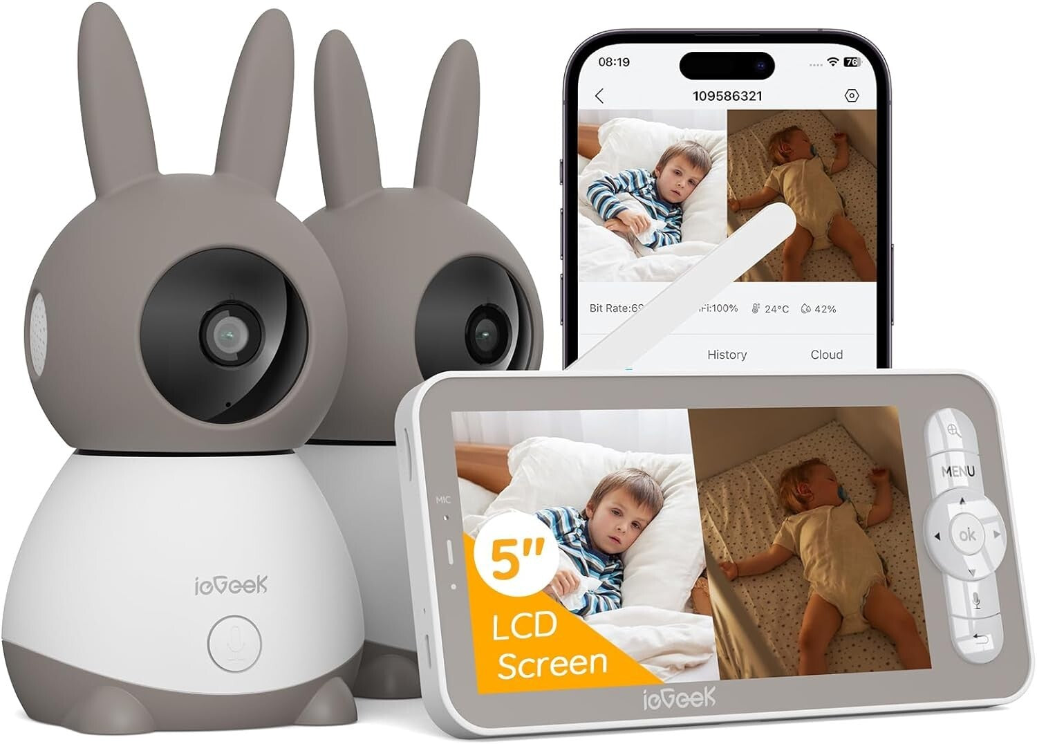 ieGeek Baby Monitor with 2 Cameras, 2K 5" Split Screen Baby Monitor with Audio
