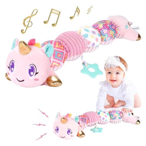 Unicorn Baby Toys 6-12 Months, Musical Infant Toys with Sensory Crinkle Pink