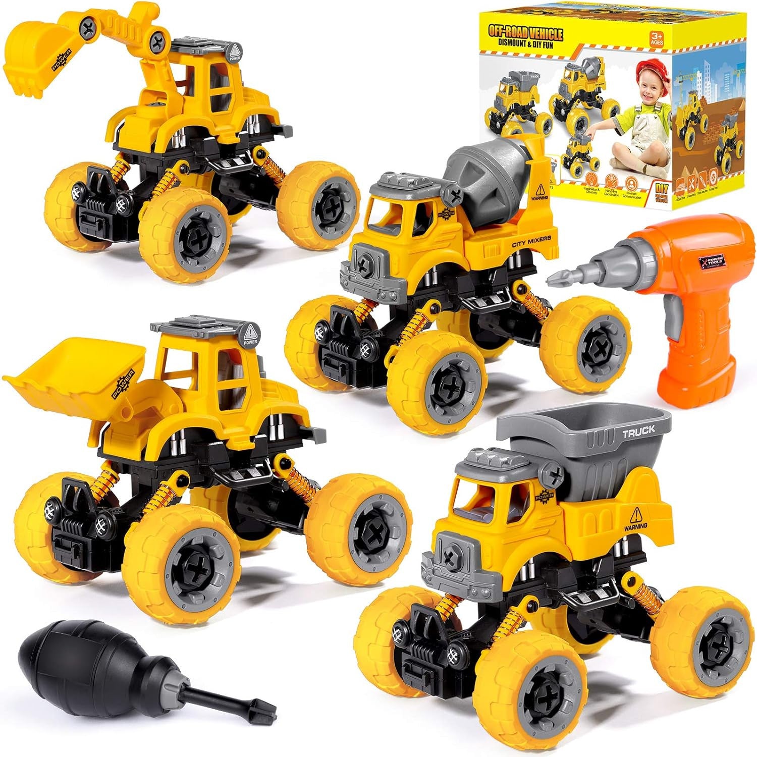 4-in-1 Take Apart Construction Toy Set Trucks for Kids STEM Drill Tools Ages 3-8