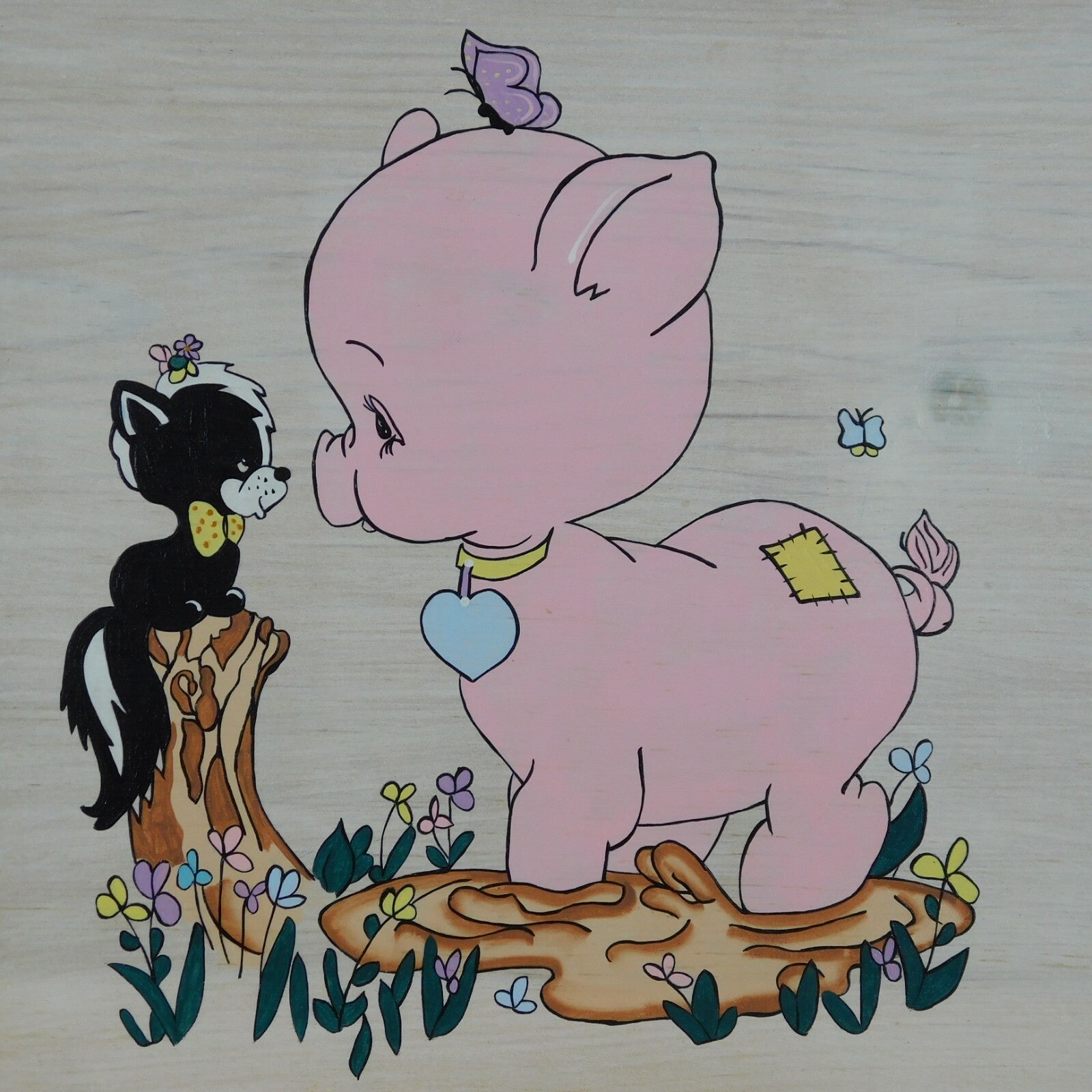Precious Moments Pattern Hand Painted Wood Wall Decor Pig Skunk Nursery Kid Room
