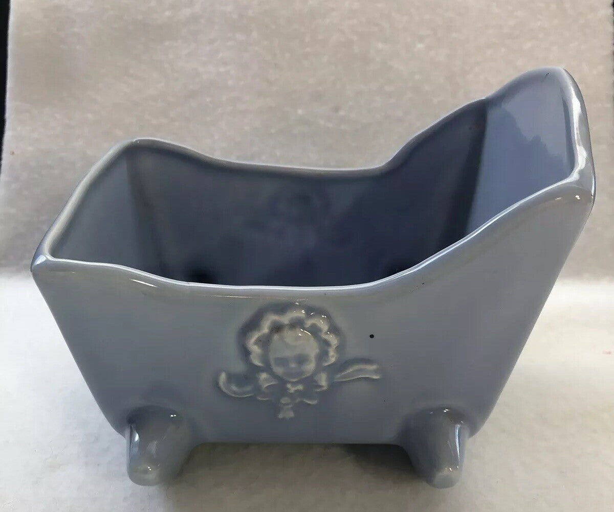 Vintage Light Blue Cradle Ceramic Planter Baby Bassinett 