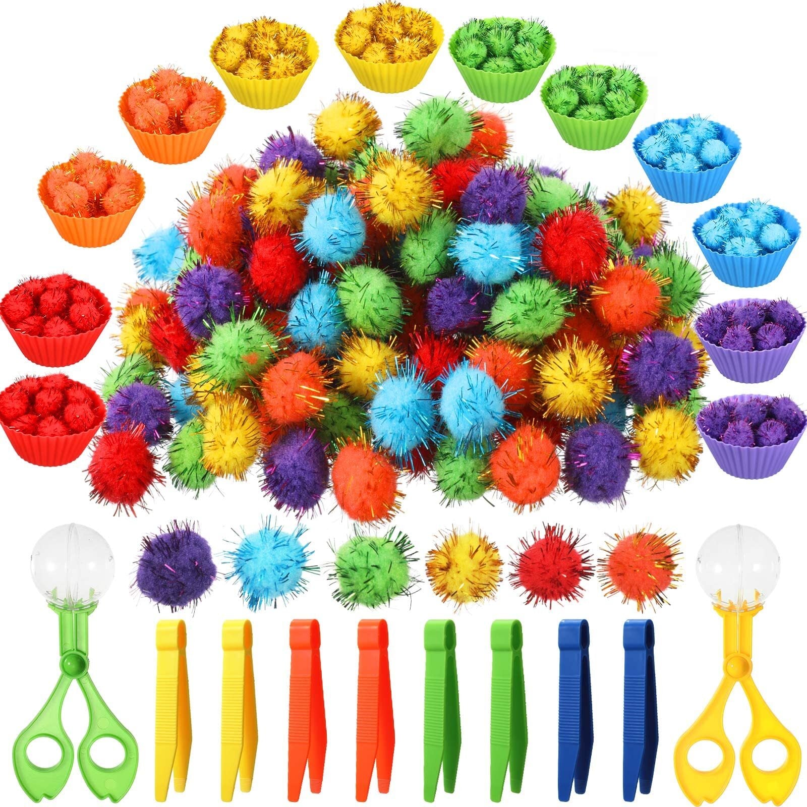142 Pcs Fine Motor Toys Counting Sorting Sensory Bin Filler 120 Glitter Pom P...