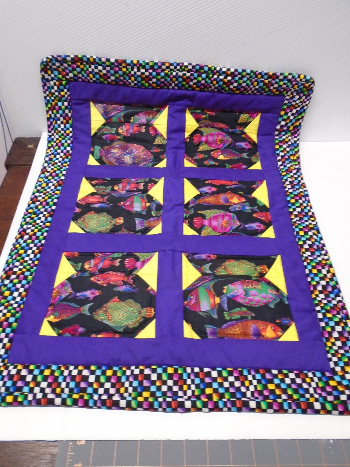 Fish in Bowls Quilted Wall Hanging Purple Baby Crib Quilt Nursery 20x26 Cotton