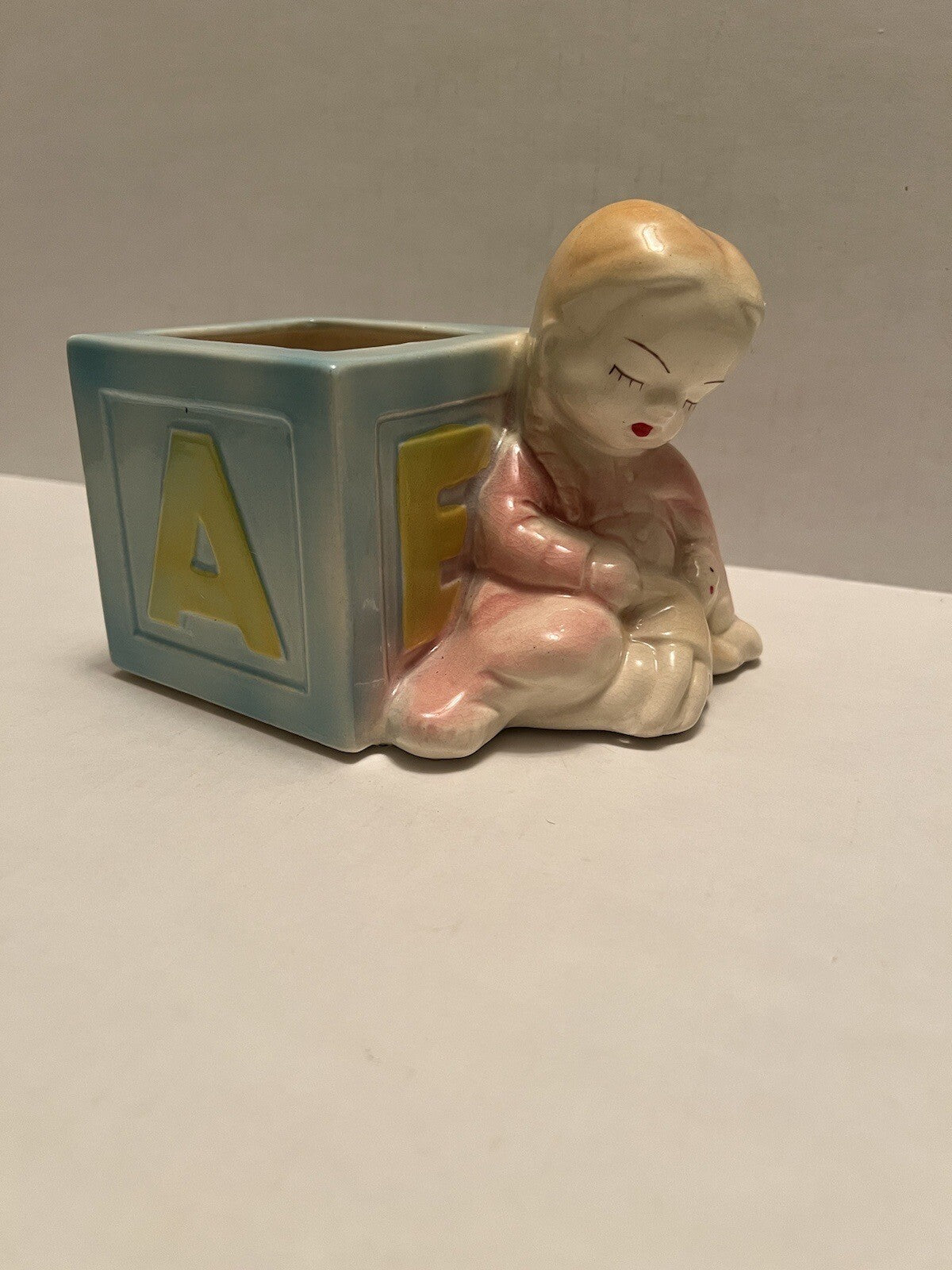 Vintage Used Ceramic Pink Block Letters Baby Girl With Doll Nursery Planter