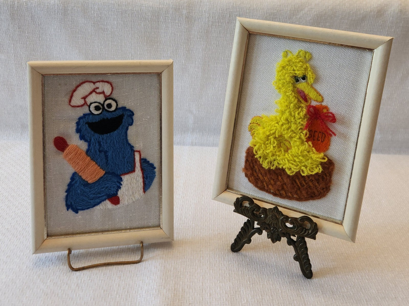 Sesame Street Big Bird and Cookie Monster Vintage Framed Needlework 6" x 8"